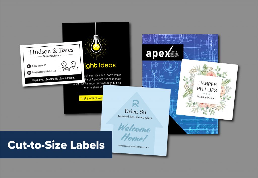 various printed labels on a gray background