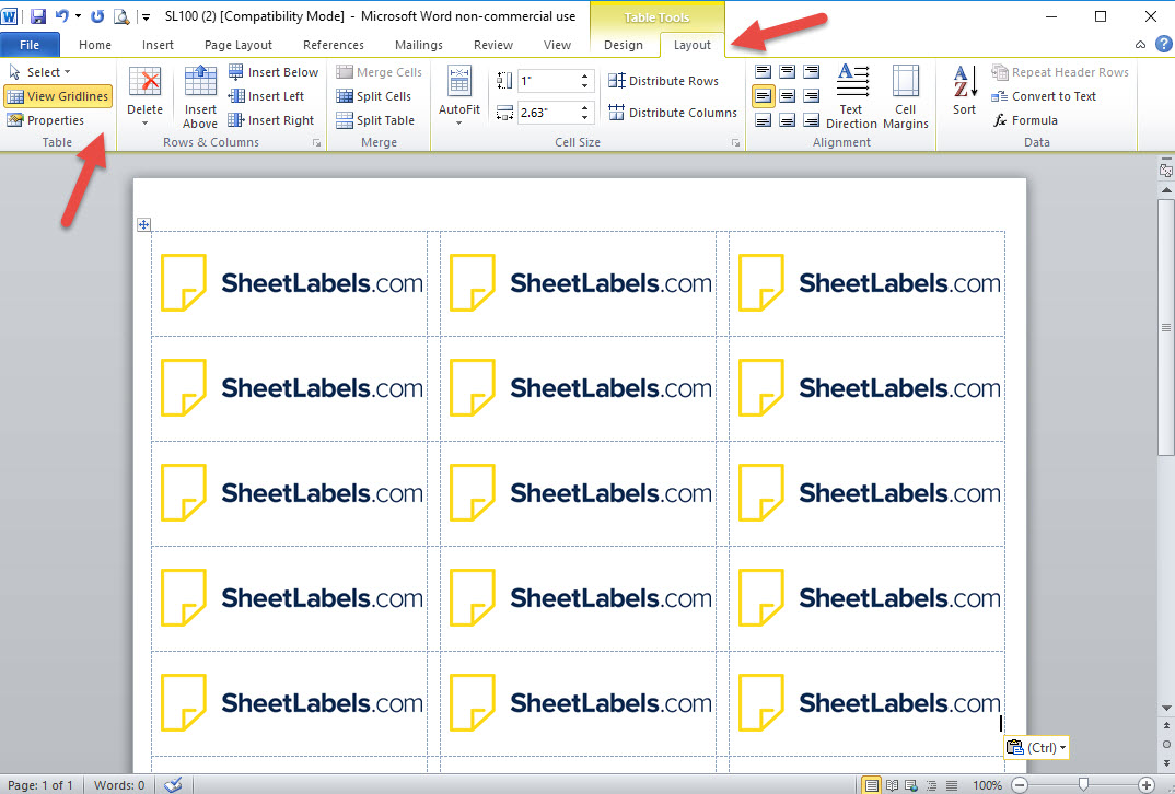 gridlines in word for labels