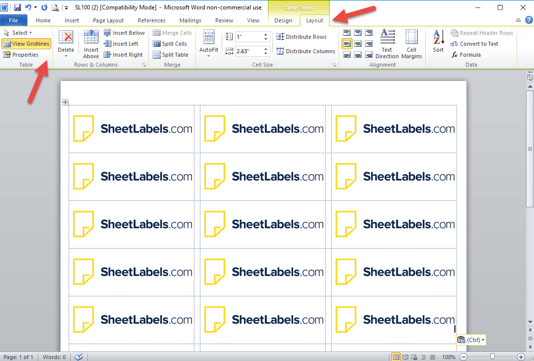 How To Turn On The Label Template Gridlines In MS Word