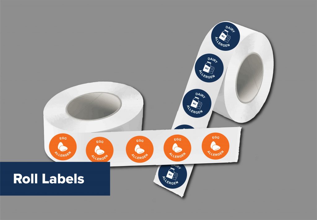 two rolls of labels on a gray background