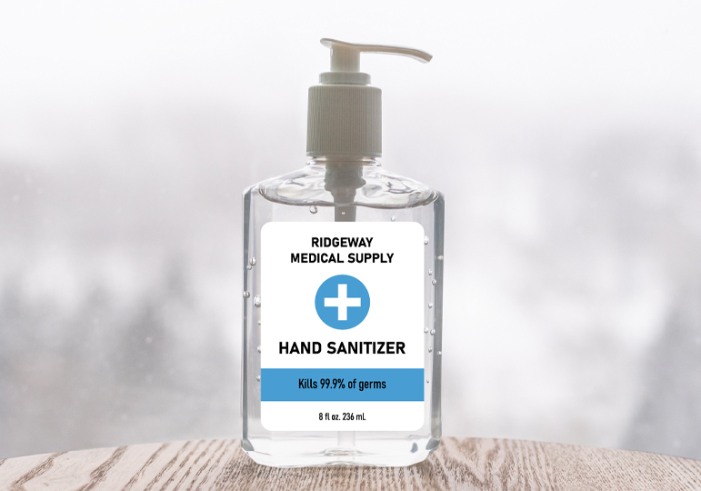hand sanitizer bottle with product label