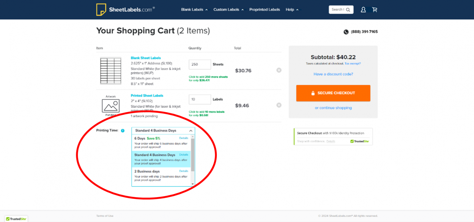 Printing time shown when viewing cart