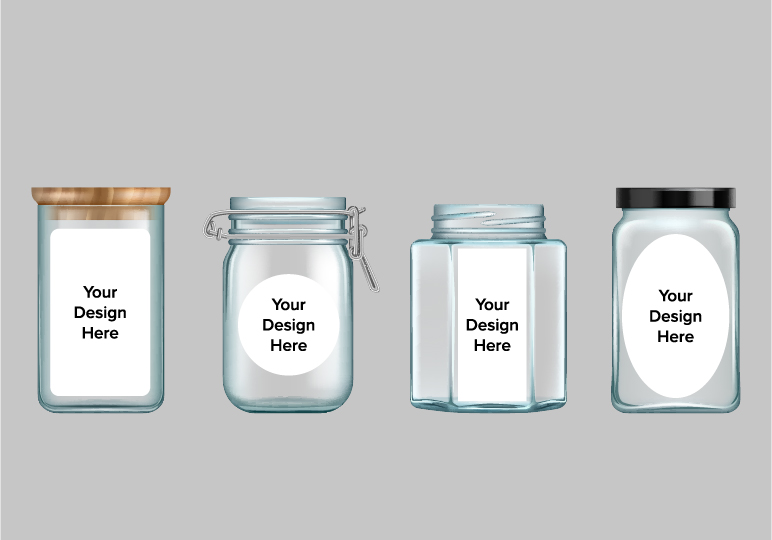 Labels of different shapes and sizes on several jar containers