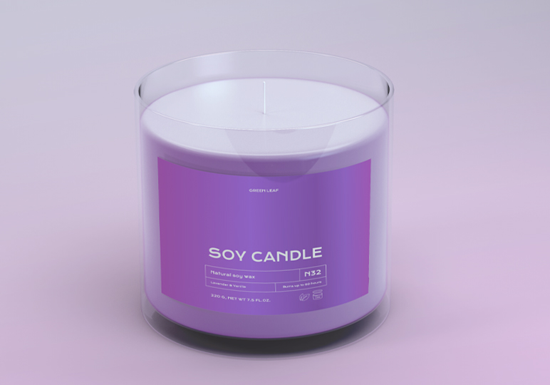 metallic purple label on a candle product 
