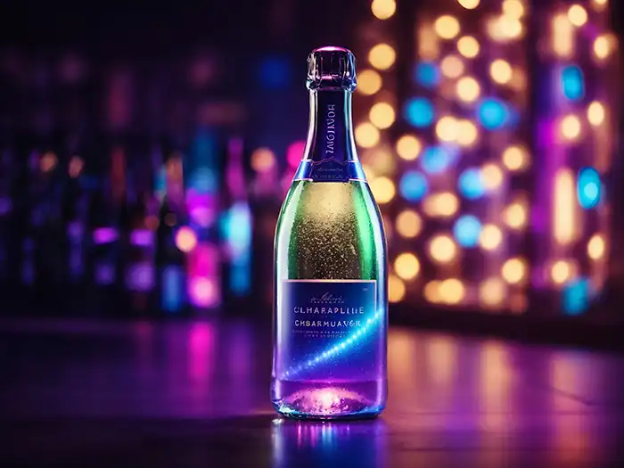 Champagne bottle with a dazzling holographic label, illuminated by vibrant neon lights