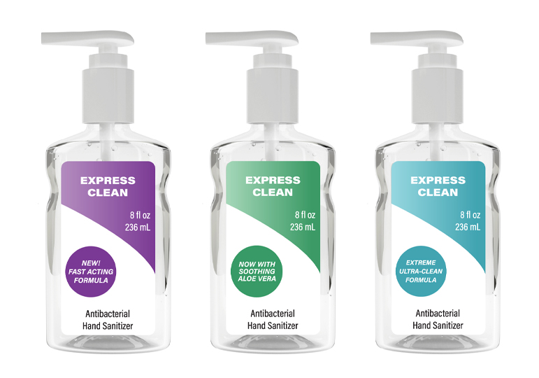 three hand sanitizer bottles with different labels