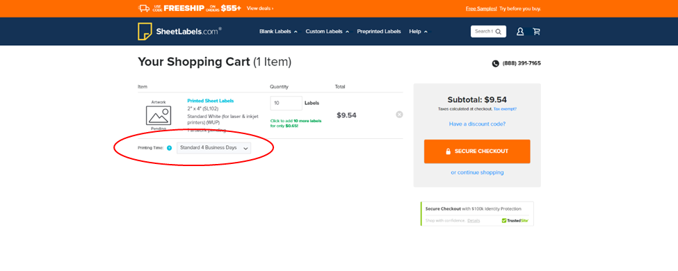 screenshot showing how to adjust printing time at checkout