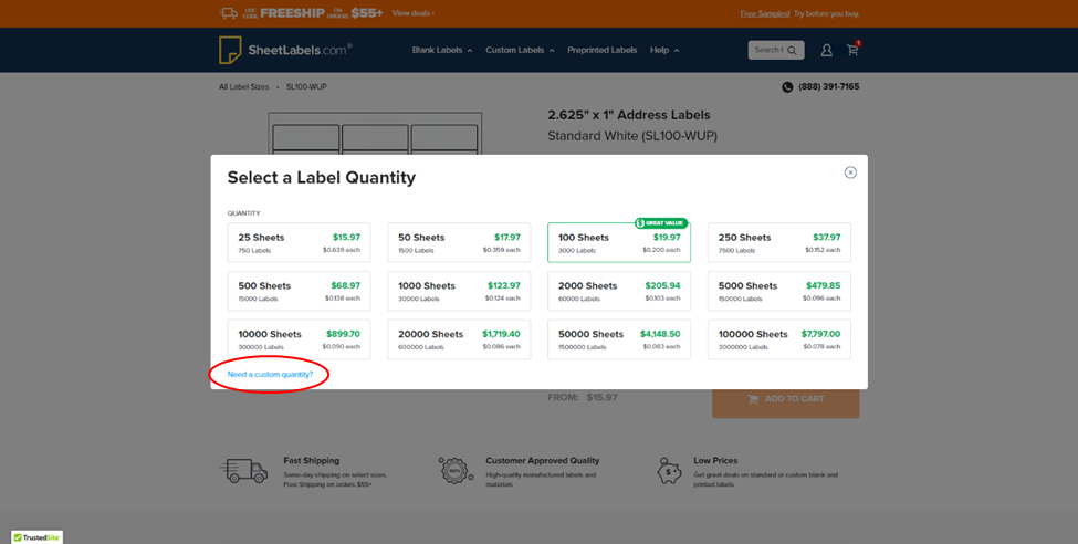Screenshot showing how to order a custom quantity of blank sheet labels