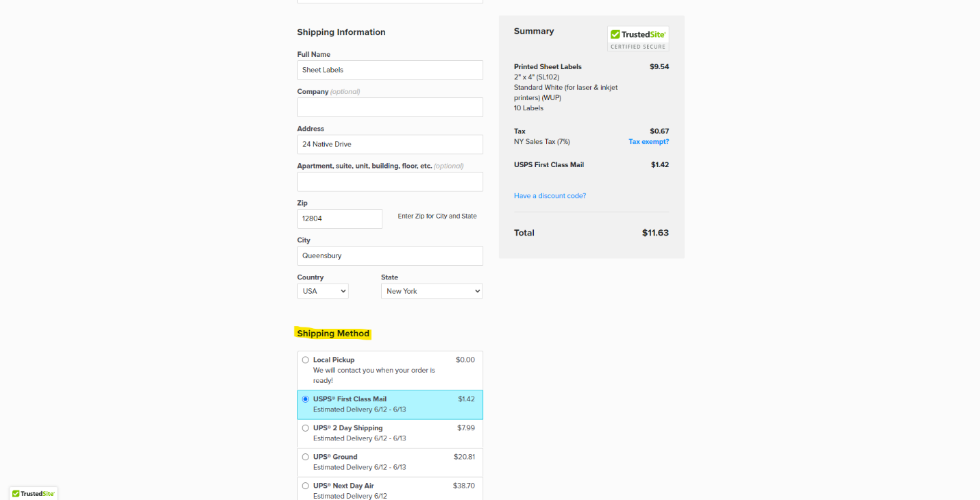 Screenshot showing available shipping options during checkout