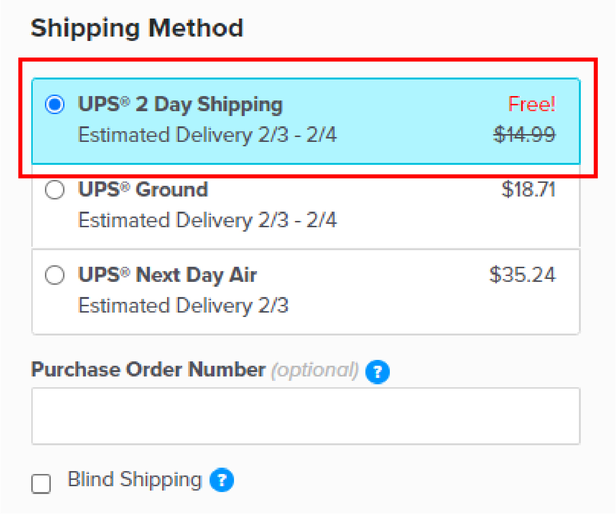 Shipping method shown as free