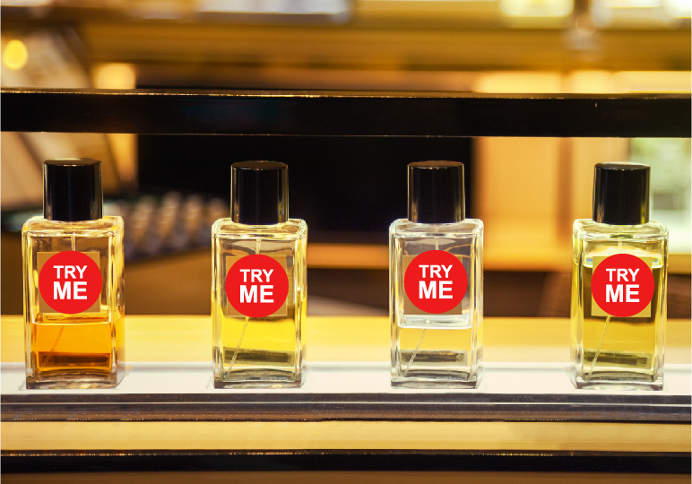 perfume tester bottles on a shelf