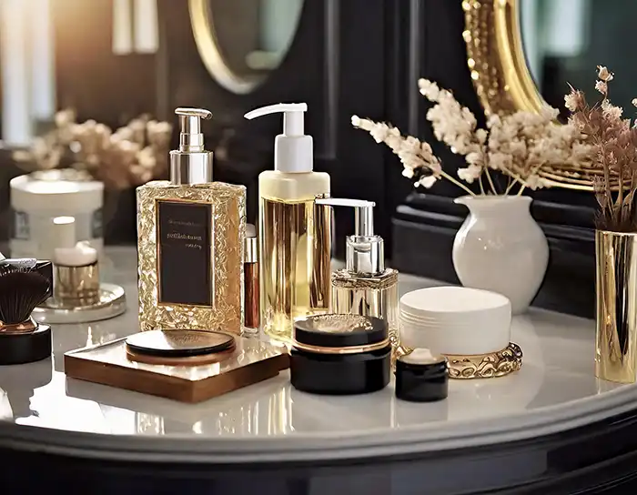 Elegant health and beauty products on a vanity, their labels shimmering under soft lighting, conveying luxury and quality.